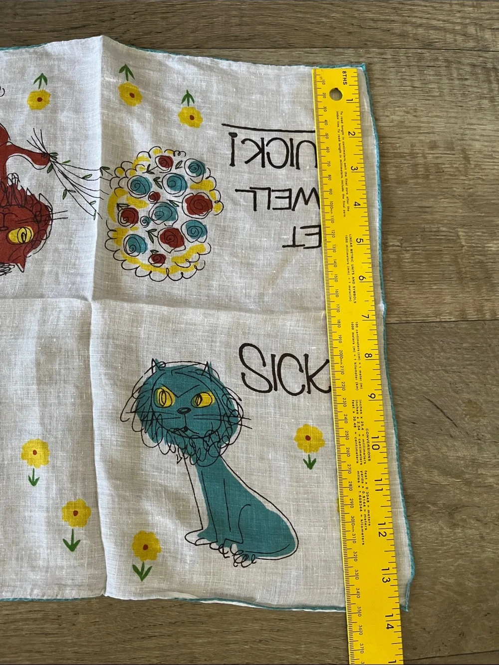 RARE Vintage Get Well Quick! Printed Handkerchief with Colorful Cats by Welcher